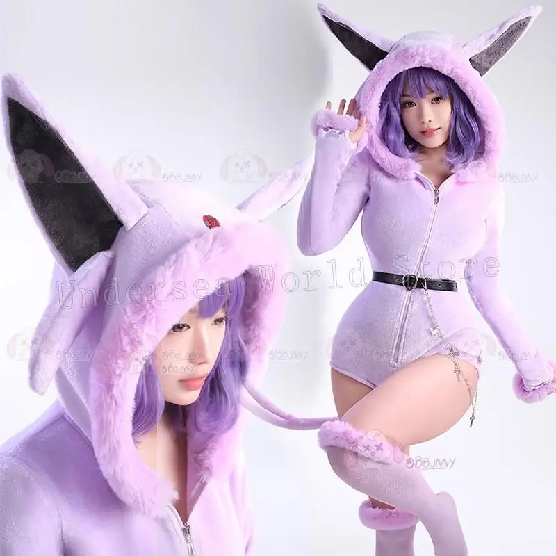 

PM Derivative Fluffy Bodycon Romper Pajama Purple Furry Long Sleeve Hooded Bodysuit Jumpsuit with Tail Belt and Socks