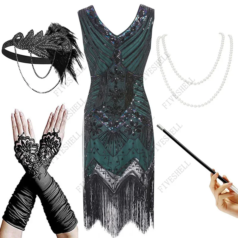 Women's Pluse Size 1920s Gatsby Sequin Beaded Fringed Flapper Dress with 20s Accessories Set 3 pc Headband / Shawl / Dress