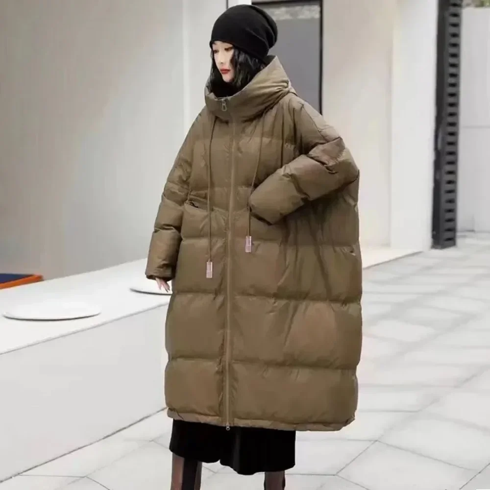 2024 New Long Puffer Coat Female Winter Women Oversize Thick Warm White Jacket Hooded Loose Parkas Outwear Pockets