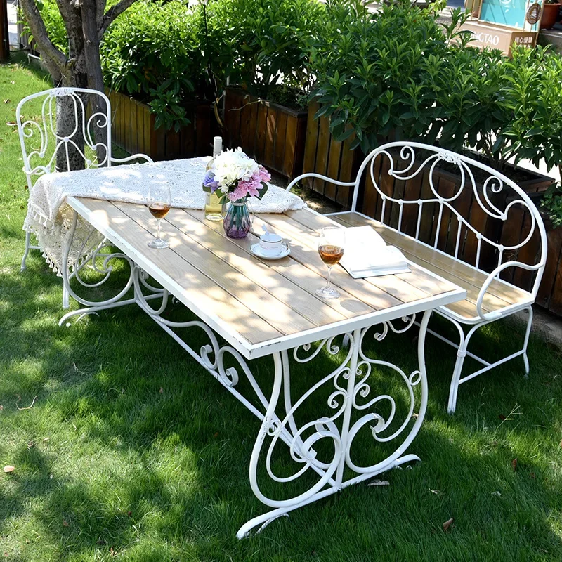 

French retro table and chair combination set European garden bench cafe long terrace outdoor leisure courtyard wrought iron