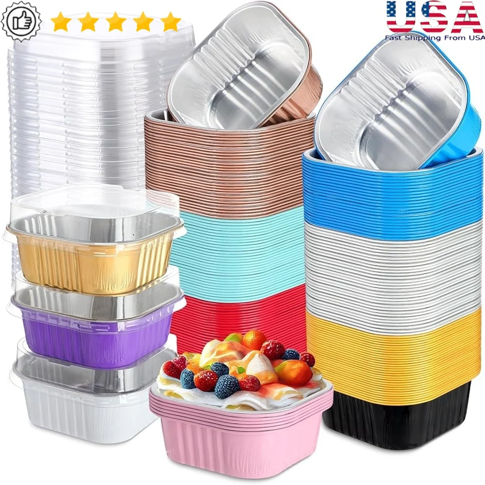 

300 Pcs Mini Aluminum Foil Cake Pans with Lids Disposable Baking Tins Perfect Parties Gatherings Independence Day Desserts