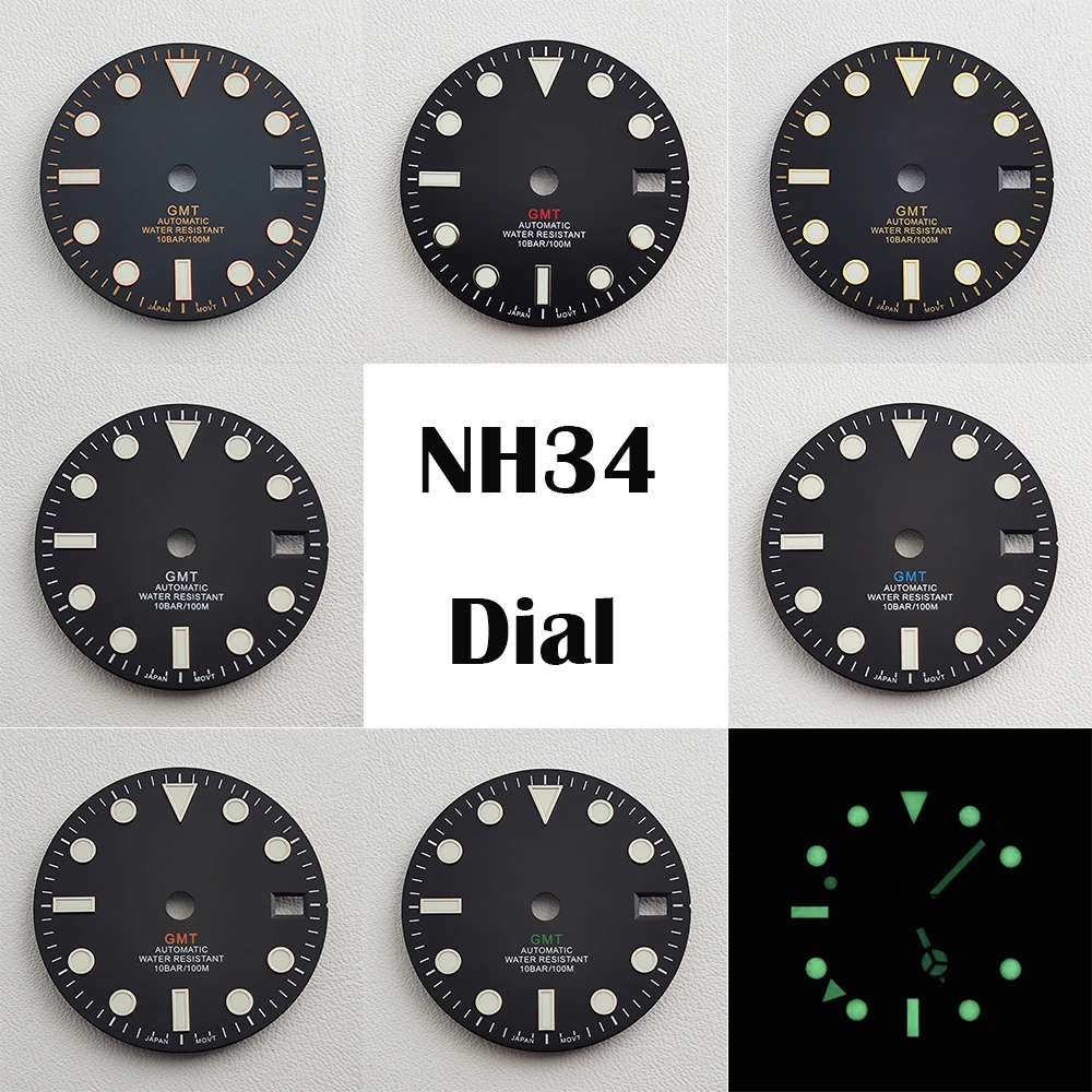 Popular 28.5mm NH34 dial with GMT four pointer green luminous watch dial suitable for NH34 movement and improved dial parts