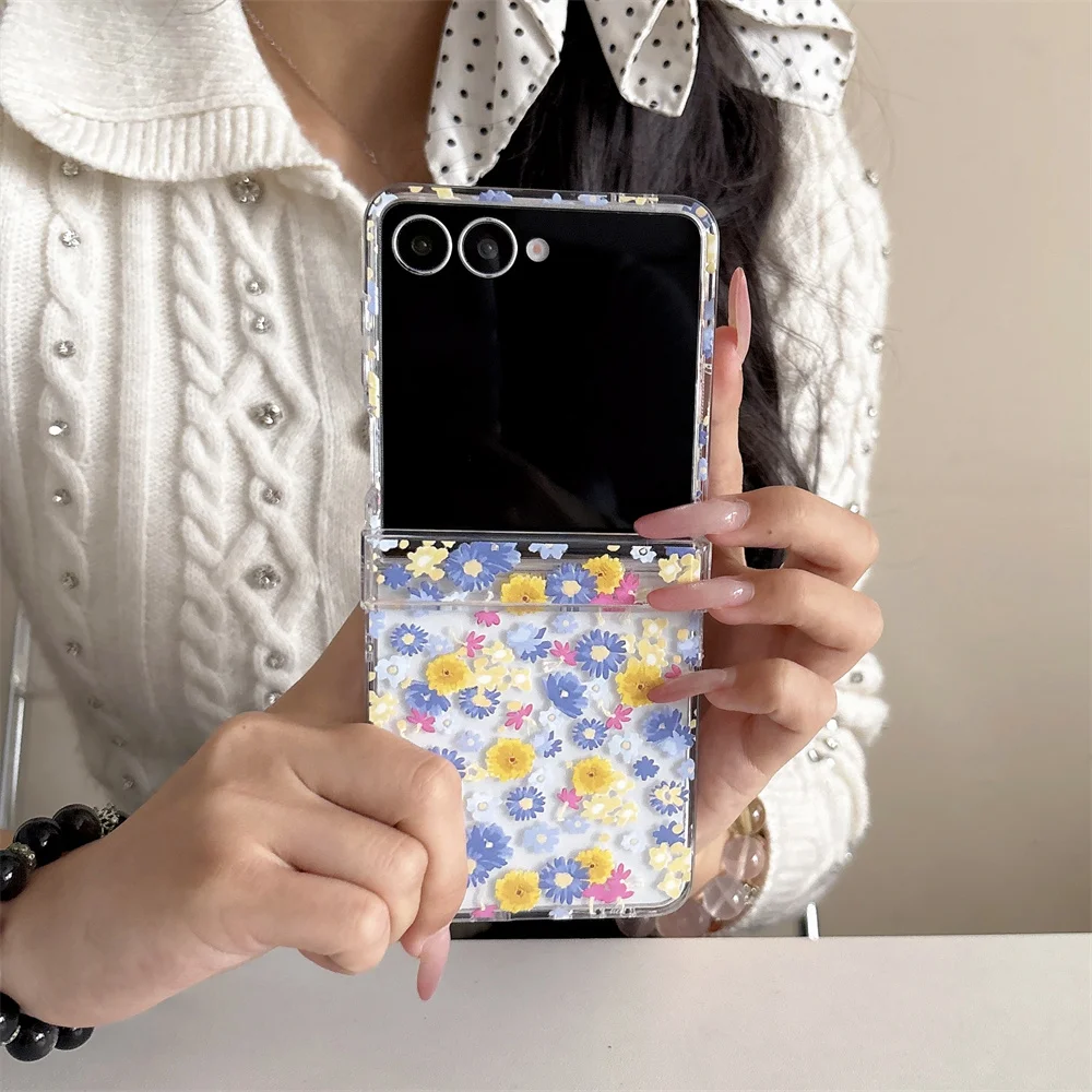 Vintage Colorful Daisy Wild Flower Printed Clear Phone Case for Samsung Galaxy Z Flip 7-3 Crystal Bead Strap Protective Cover