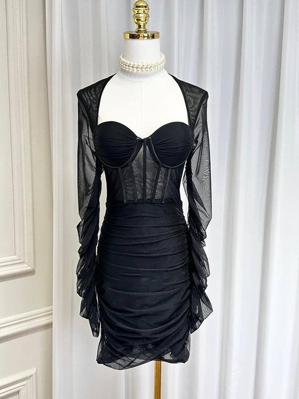 Pure Desire Style  Dress Fishbone Design Soft Gauze with Chest Pad Waist Cinching Pleated Bodycon Dress Sexy Lady Dress