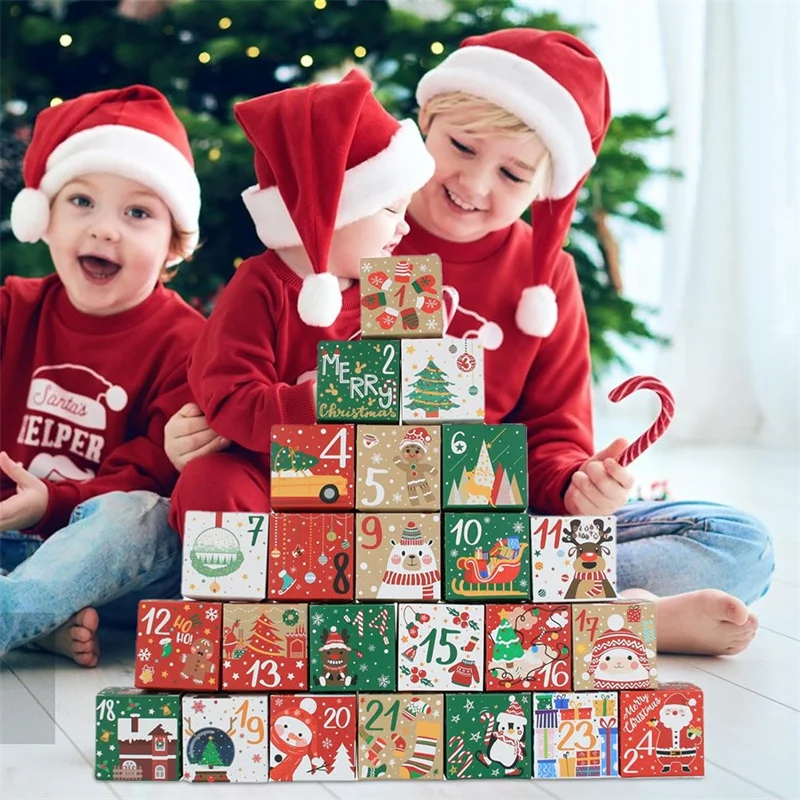 A set of 24pcs 24 Days Paper Advent Countdown Gift Boxes for Kids and Family Christmas Advent Calendar Boxes