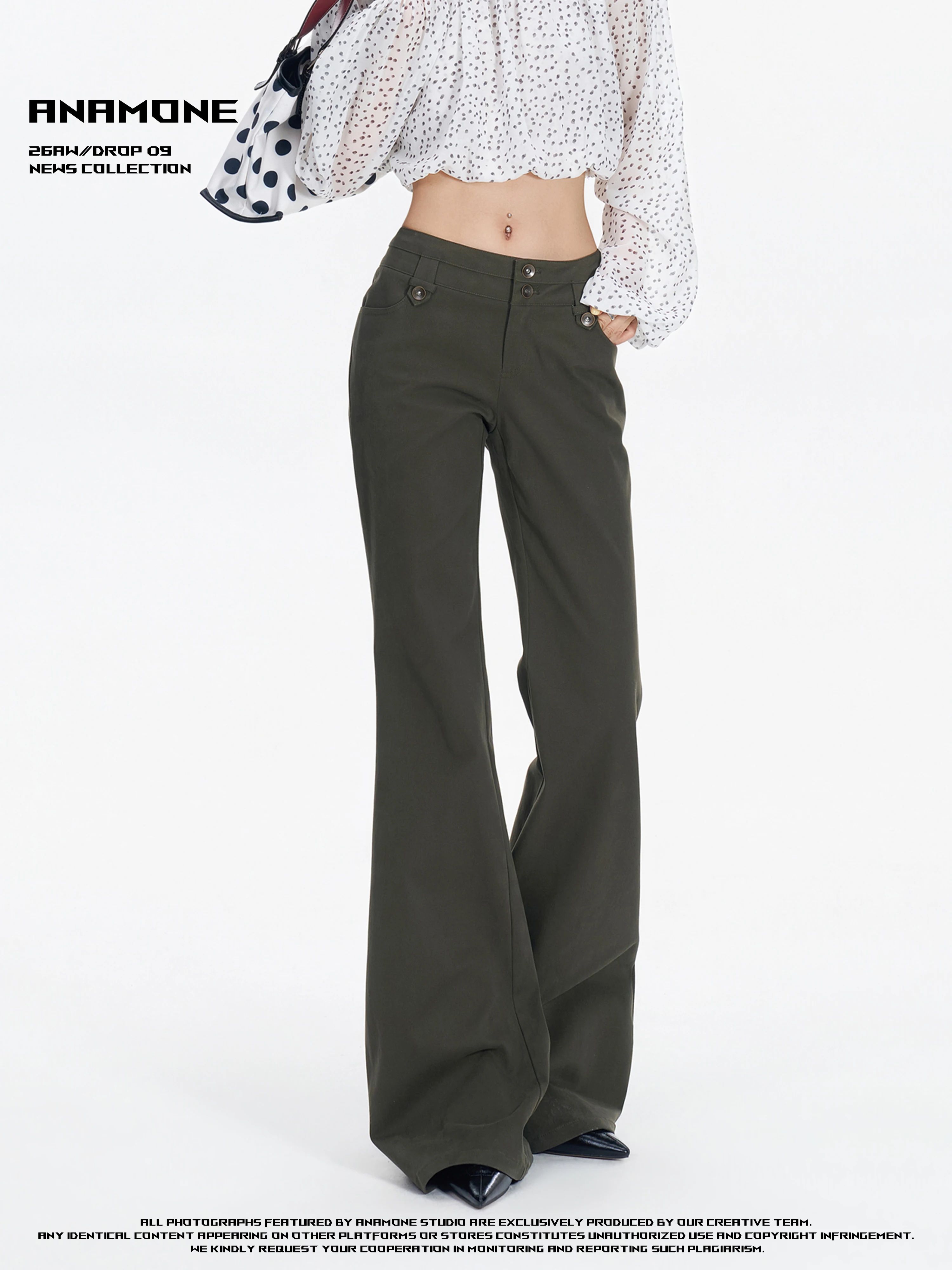 ANAMONE American Style Spicy Girl Low Waist Flared Denim Jeans Women's Retro Military Green Double Buckle Slimming Long Pants