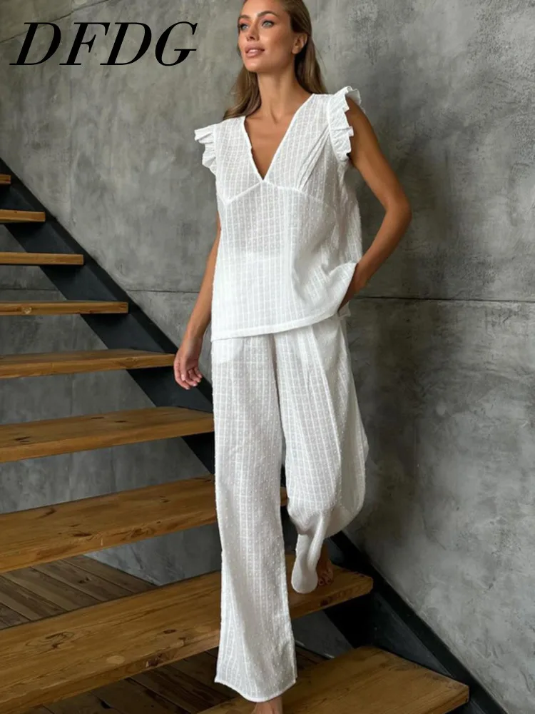 

DFDG Women 2026 Summer Two Piece Outfit V Neck Ruffle Sleeve Textured Top High Waist Wide Leg Pants Set Casual Loungewear Set