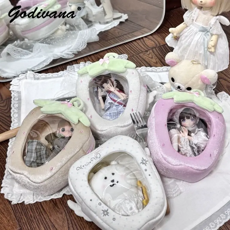 Original Strawberry Wisdom Tooth Angel Teeth Plush BJD Doll Carrier Bag Kawaii Cartoon Mini Doll Storage Handbag Cosmetic Cases