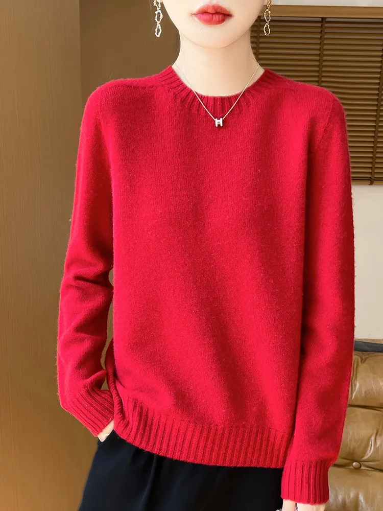 TLOML 2025 New Women O-Neck Pullover Sweater Autumn Winter 100% Merino Wool Knitwear Basic Soft Warm Bottoms Female Clothing Top