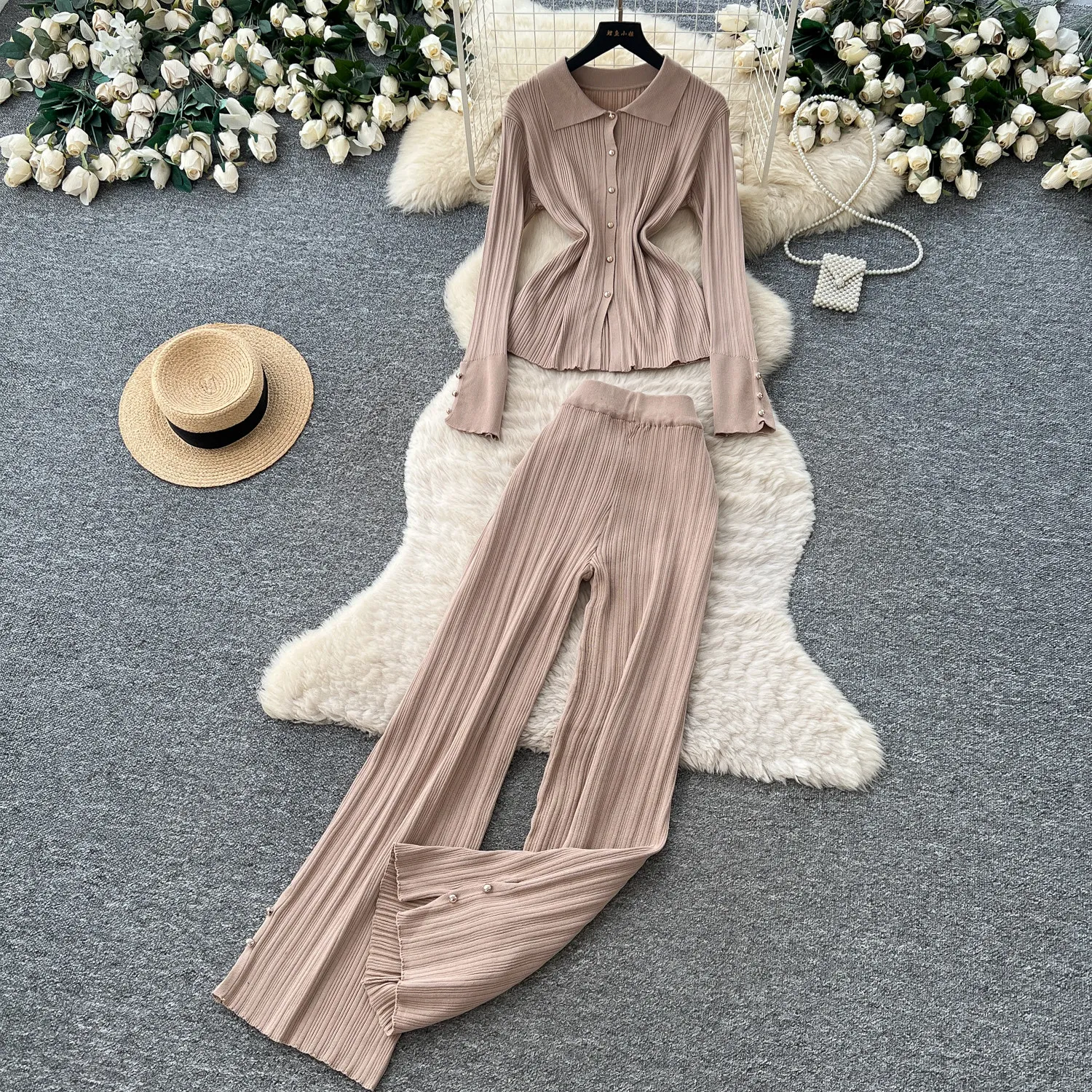 Fall Commute Knitted Cardigan Two-Piece Set For Women Casual  Lapel Long-Sleeve Metal Buckles Sweater + Wide-Leg Pants Sets