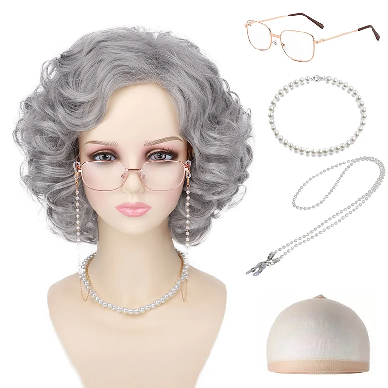 Grey Synthetic Grandma Wig, Wig Cap, Glasses, Glasses Chain, Pearl Necklace, Suitable For School Role-Playing Halloween