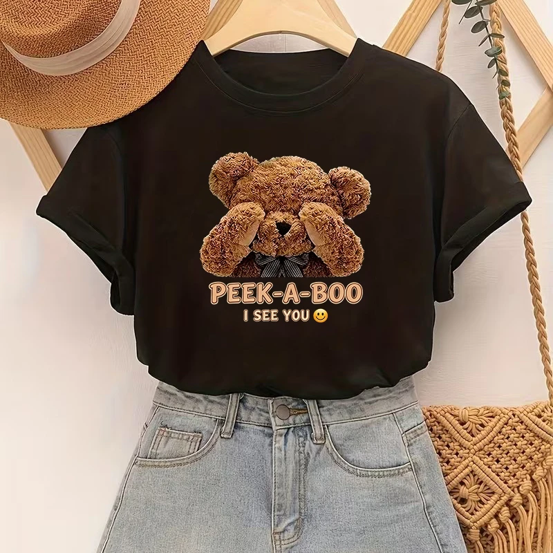 Y2k Style Print T Shirt with Fuuny Bear Print Casual O-neck Short Sleeve Tshirt Women's Spring Summer T-shirt Clothes Female