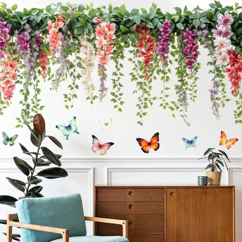 Hanging Flower Vine Wall Decal With Colorful Butterfly Self Adhesive For Bedroom Living Room Wall Decor Supply For Daily Use