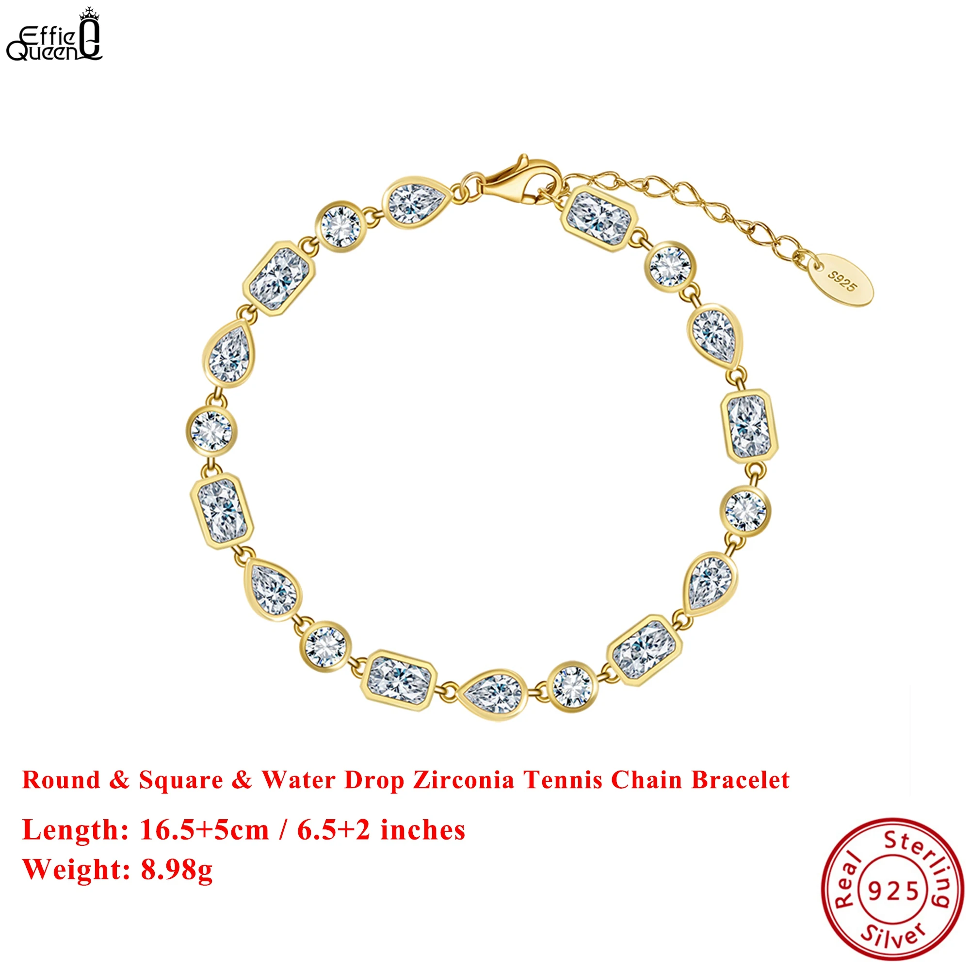 

EFFIE QUEEN S925 Silver 14k Gold Round, Square, Water Drop Zirconia Tennis Chain Bracelet Luxury Jewelry for Men, Women SB213