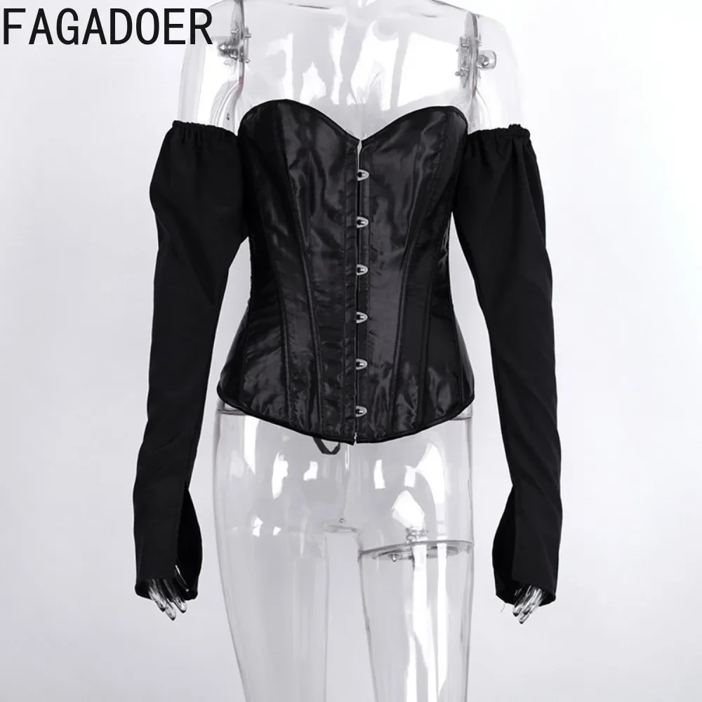 FAGADOER Y2k Sexy Off Shoulder Corset Shirts Blouses Women Backless Bandage Patchwork Bodycon Crop Tops Female Streetwear New
