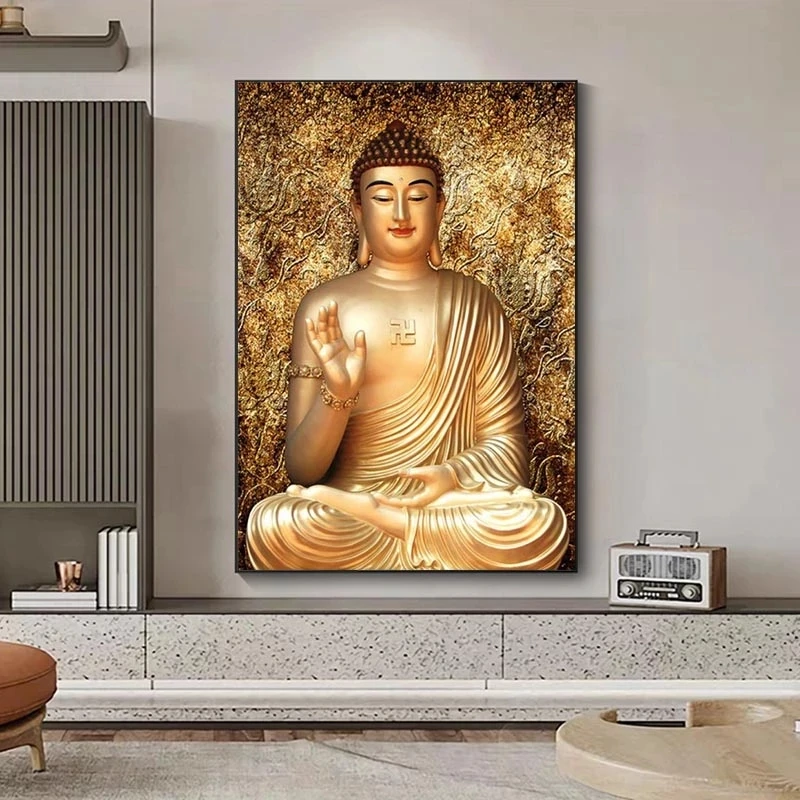 Modern Golden Buddha Statue Print Art Canvas Poster, Living Room Decor, Home Wall Picture