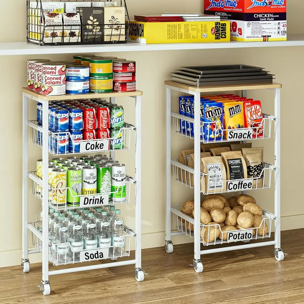 

4-Tier Rolling Kitchen Cart with Pull-Out Drawers, Wooden Top, and Storage Baskets for Fruits and Vegetables