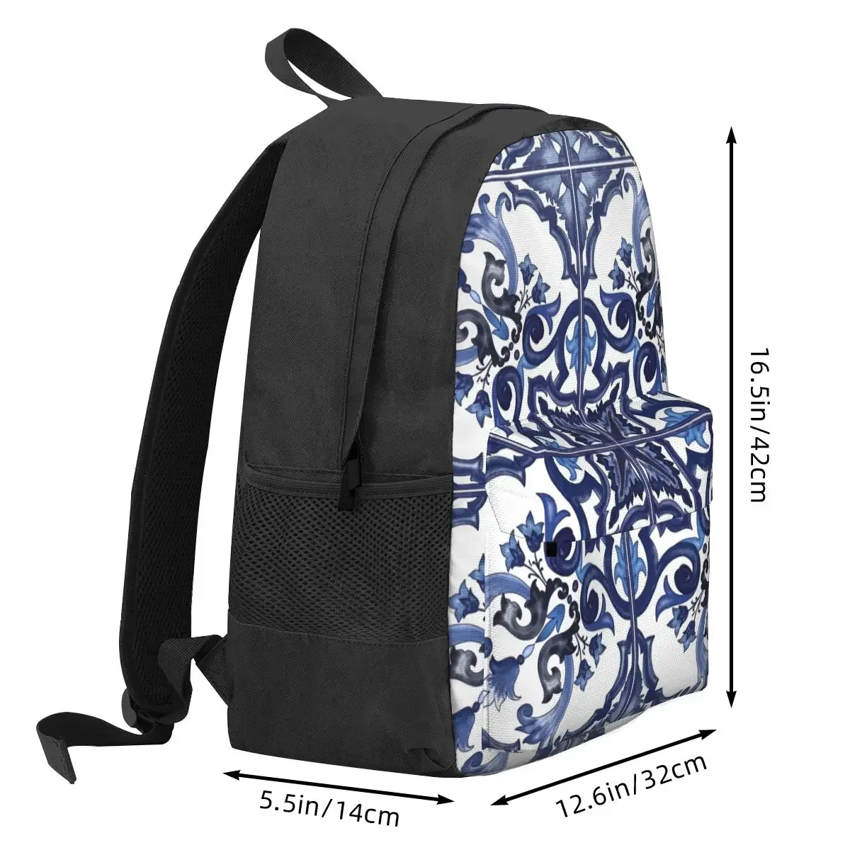 Blue Ornate Floral Mediterranean Sicilian Tile Student Backpack School Bagfor Boys Girls Fashion Bookbag Shoulder Bags