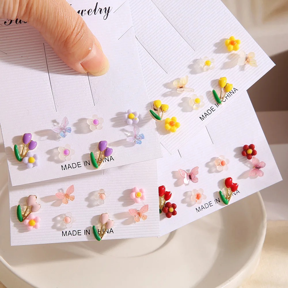 Cute Romantic Colorful Butterfly Flower Earrings Set Irregular Geometric Mini Studs Earrings for Women Girl Jewelry Gifts