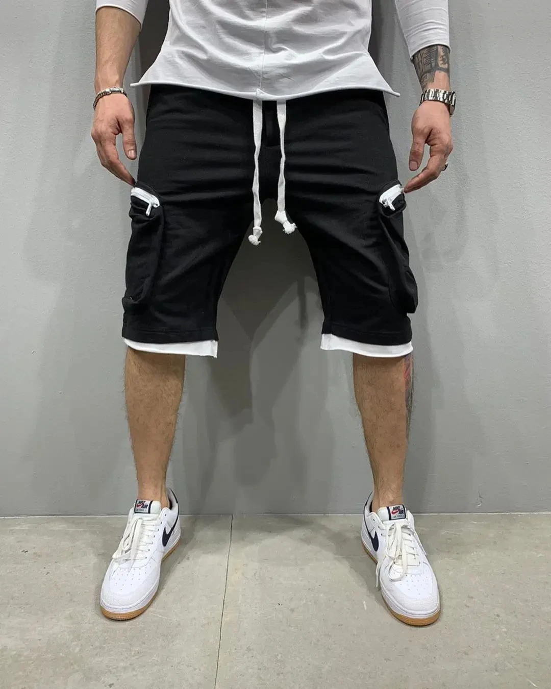 Summer New Men\'s Fitness Five Quarter Pants Cotton Shorts Double Pocket Zipper Decorative Cargo Pants Casual Sports Pants