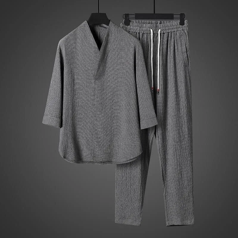 2025 Summer New Fashion Trend Solid Color Ice Silk Breathable Two-Piece Men's Leisure Loose Sports Plus-Size High-Quality Suit
