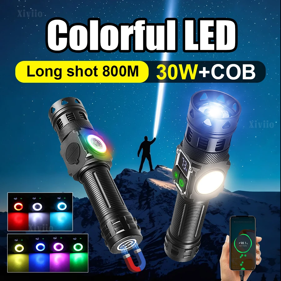 NEW Multifunctional Work Flashlight 30W+COB Zoomable LED Repair Torch with Strong Magnetic Tail RGB Color Light Digital Display