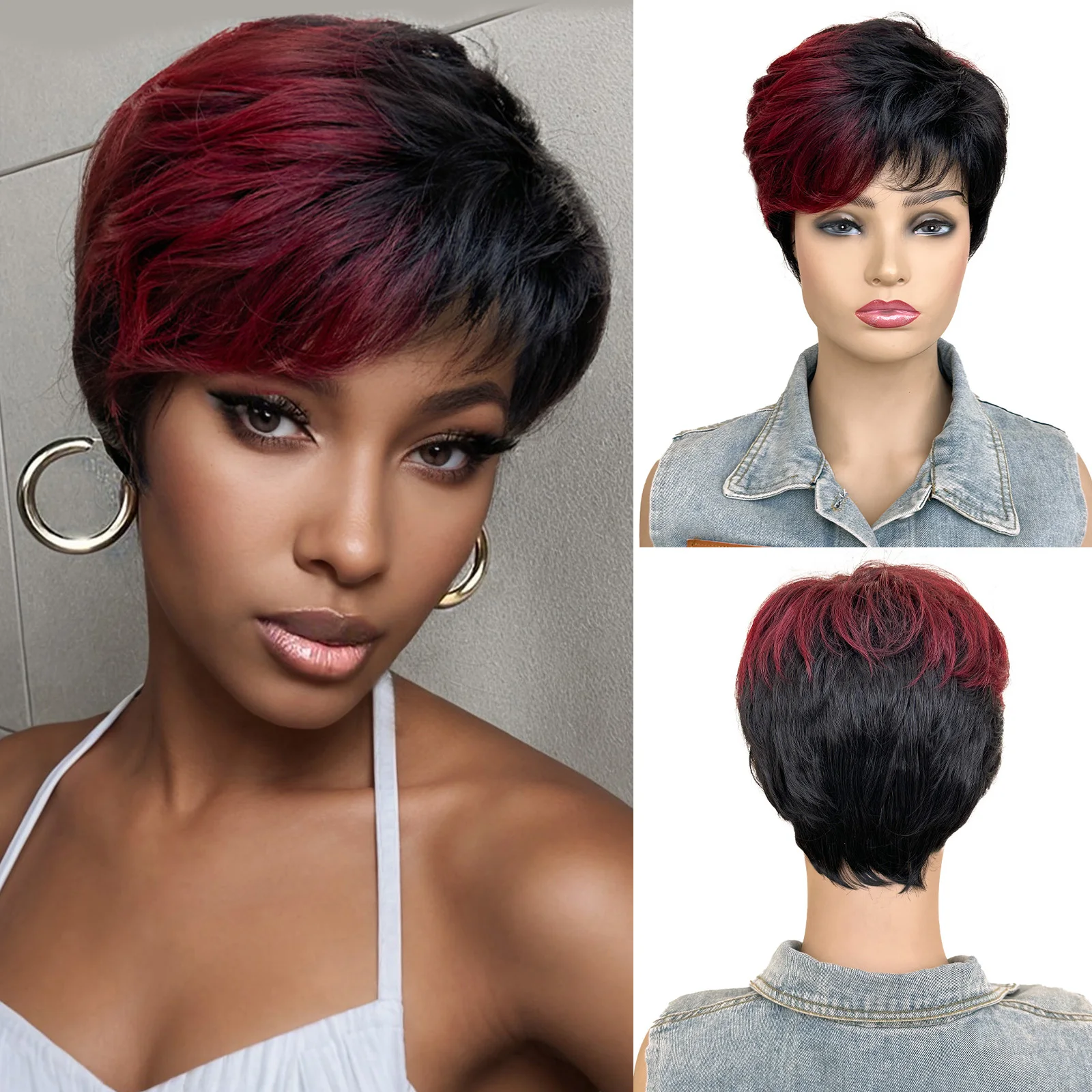 BCHR Короткий красный парик Натуральная боковая часть Пушистый синтетический парик для косплея для женщин