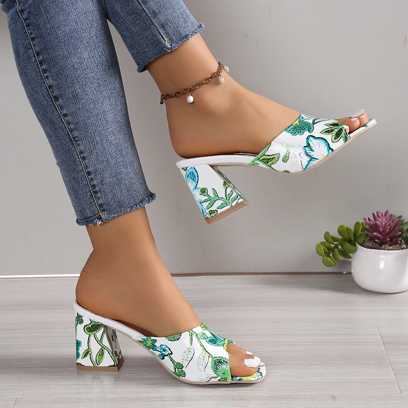 Womens Sandals Printed Summer 2024 New Thick-heeled Popular High-heeled Sexy All-match Half-slippers Open Toe Casual Basic Shoes