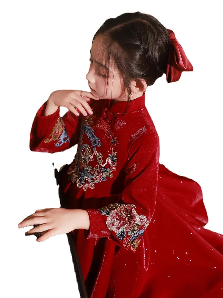 Children\'s Birthday Party Evening Dress Cute Flower Girls Princess Dress Vintage Chinese Kids Embroider Performance Clothing