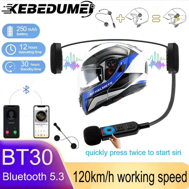 BT30 Bluetooth 5.3 Motorcycle Helmet Headset Moto Universal Helmet Headphones Stereo Wireless Handsfree Call with 250mAh