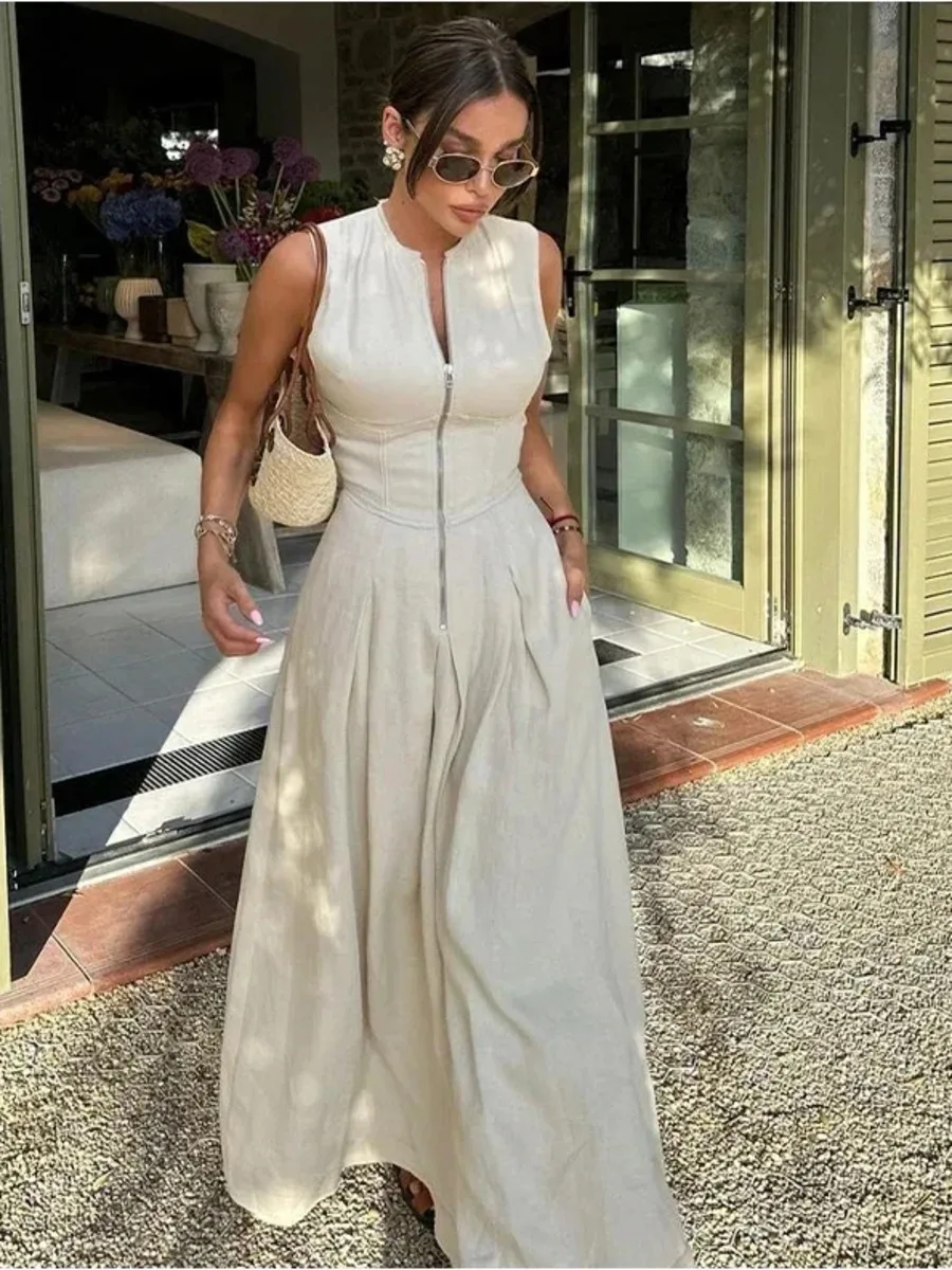 2025, gedrapeerde lange jurken voor dames, mouwloze maxi-jurk met rits, dames, zomervakantie, damesjurken, ruches, feestjurk, vrouwelijk L42T