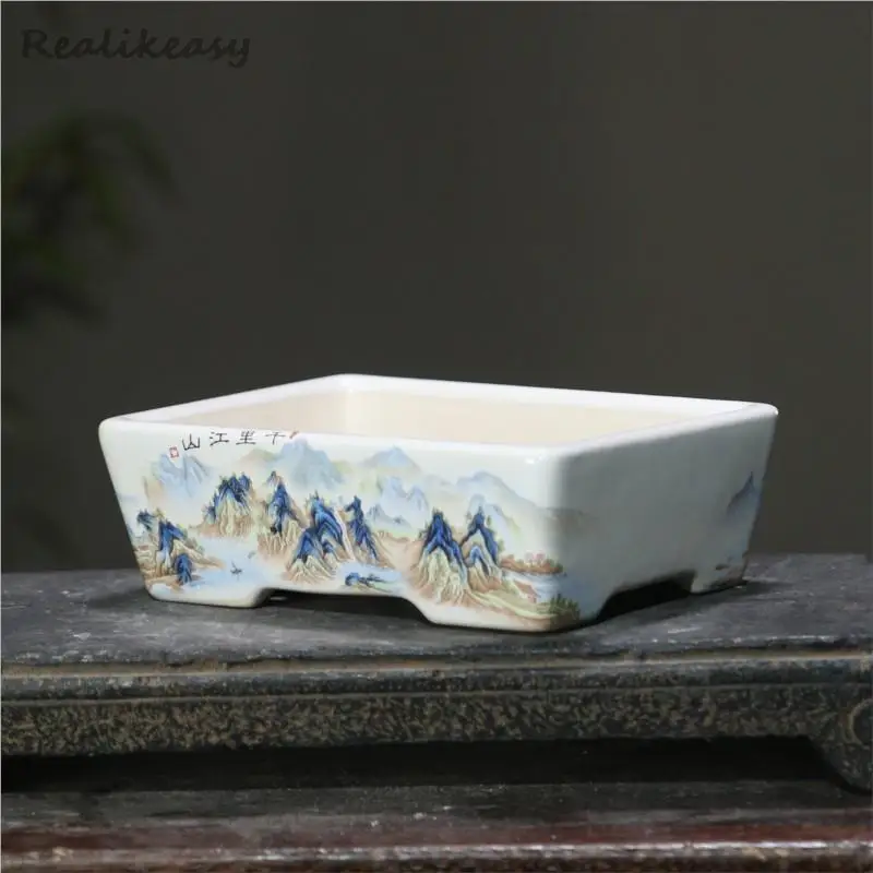 6 Size Chinese Rectangular Hand-Painted Succulent Flower Pot Ceramic Bonsai Pot Household Desktop Decorative Flower Pot LE374