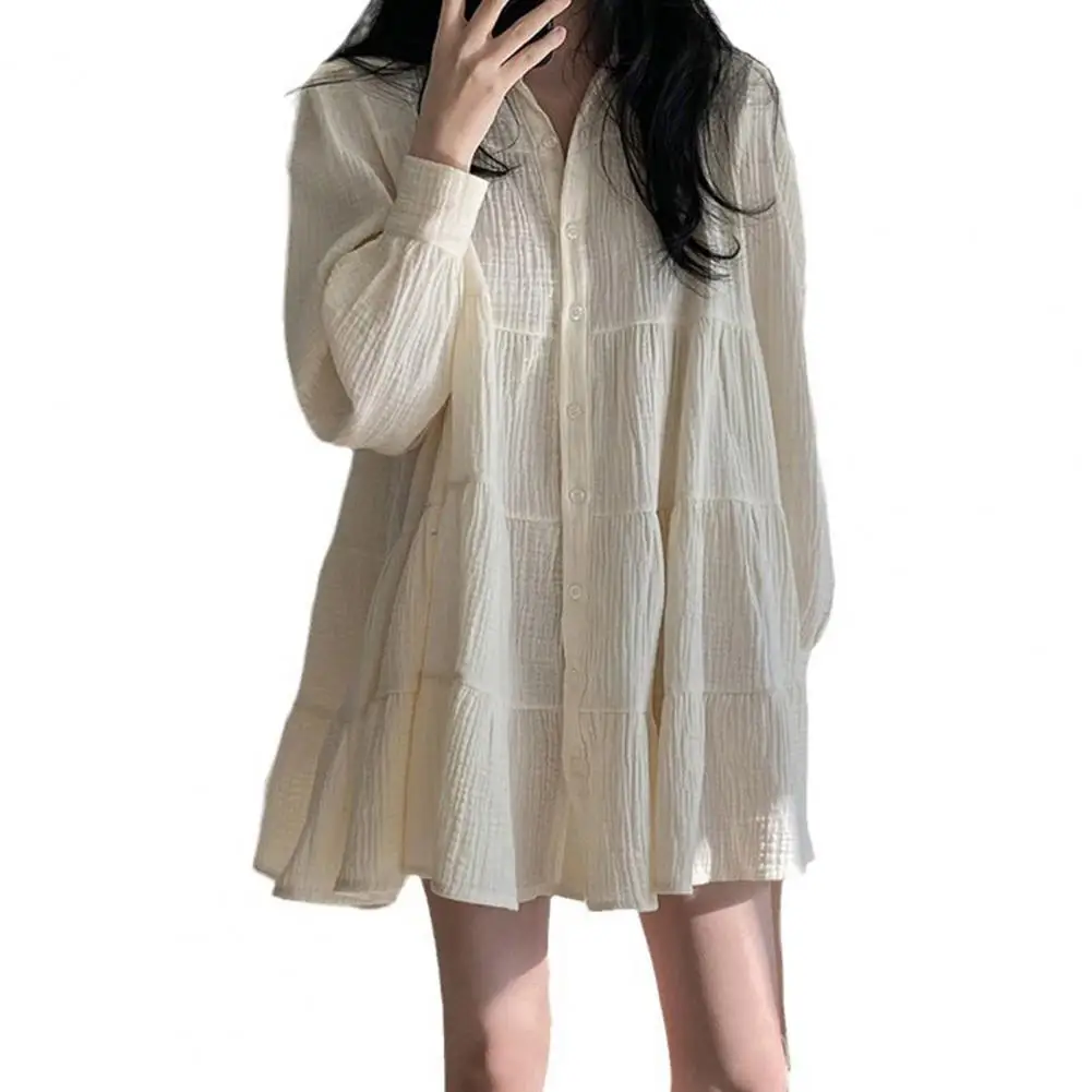 Ruffle Dress Elegant Ruffle Patchwork A-line Dress with Turn-down Collar Puff Sleeves Women's Fall Spring Button-down Mini Dress