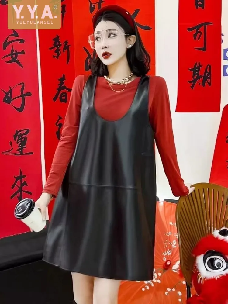 

Women Spring Tank Dress Loose Fit Casual U-Neck Fashion Sleeveless Short Dresses Streetwear Black Genuine Leather A-Line Dress