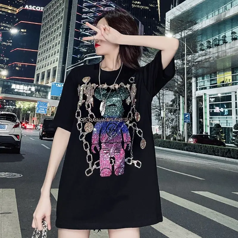 Summer  T-Shirt Women\'s Rhinestones Shirts Cartoon Top  New Pullover Korean Y2K Top KPop Clothes Shirts Women