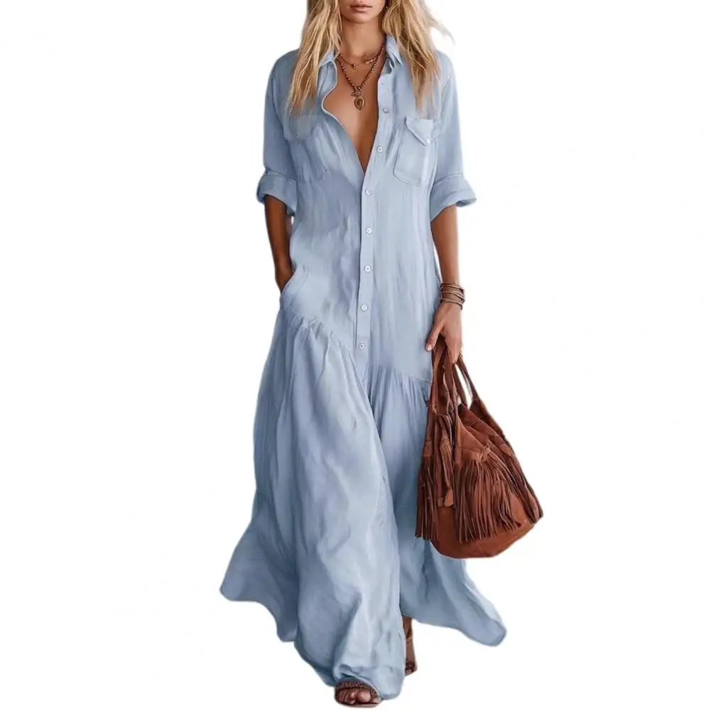 Sommer-Hemdblusenkleid für Damen, Kurzarm, Maxi-Länge, Knopfleiste, V-Ausschnitt, Fließendes Langes Kleid, Lässiges Rüschen-A-Linien-Kleid mit Taschen