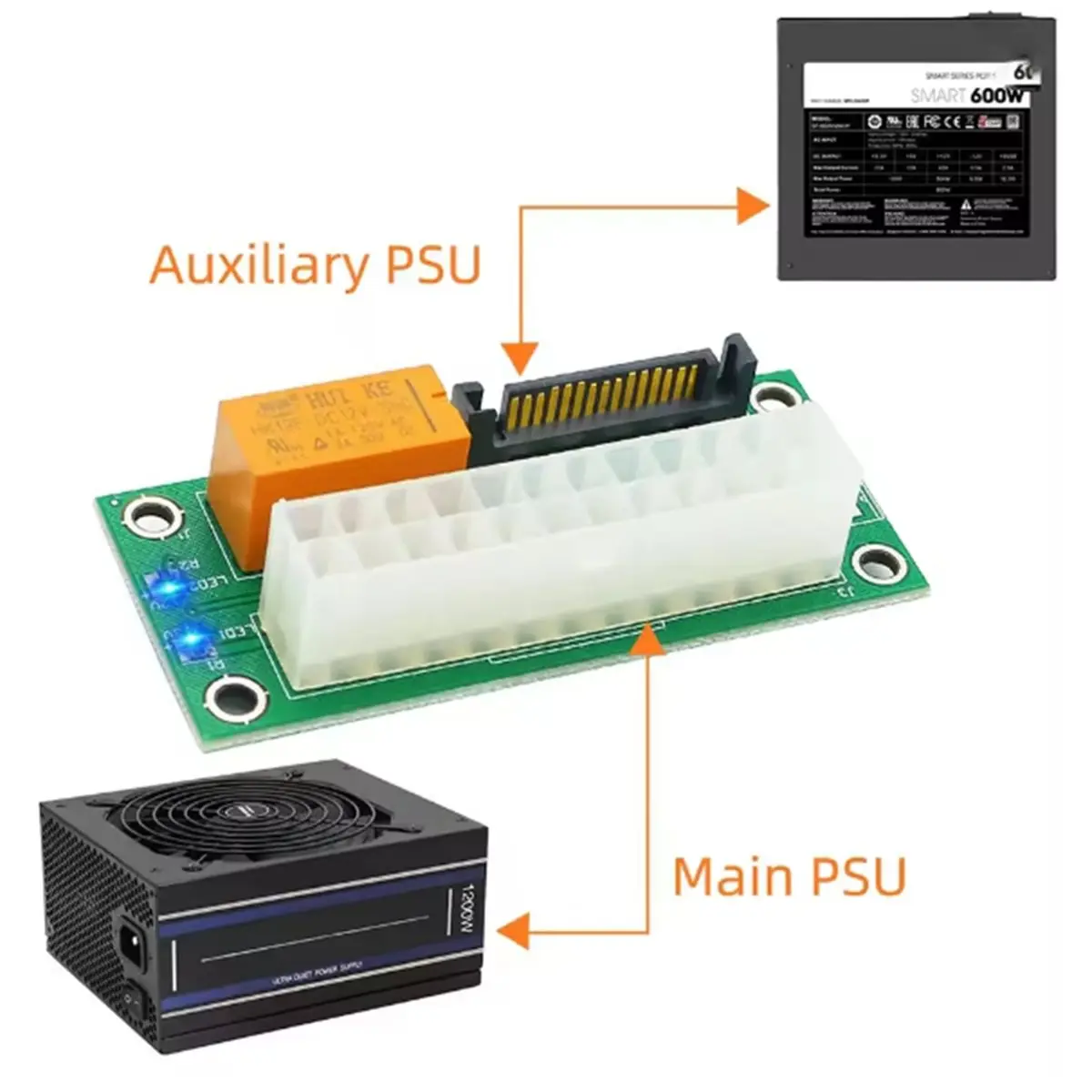 Dual PSU Power Supply Board Extender Cable Card with LED ATX 24Pin to SATA Sync Add2psu