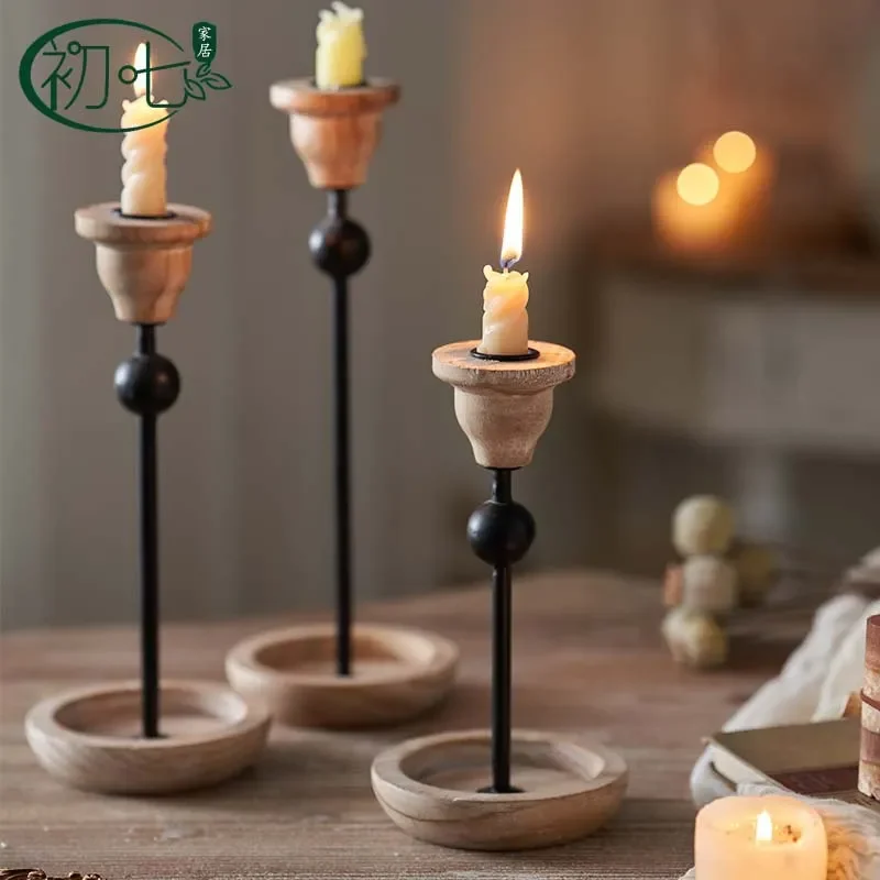 Medieval Simple Candle Holder Zen Retro Iron and Wood Combination Entrance Decoration American Handicraft Ornament