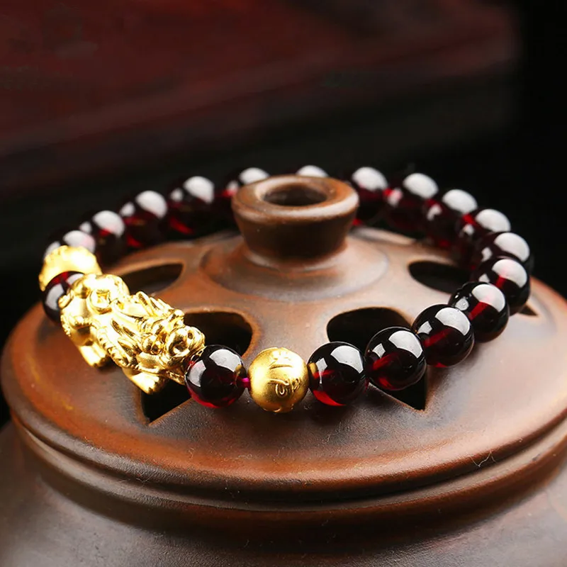 Crafts Garnet Bracelet Pure Gold Hard Golden Pixiu Jade Pendant