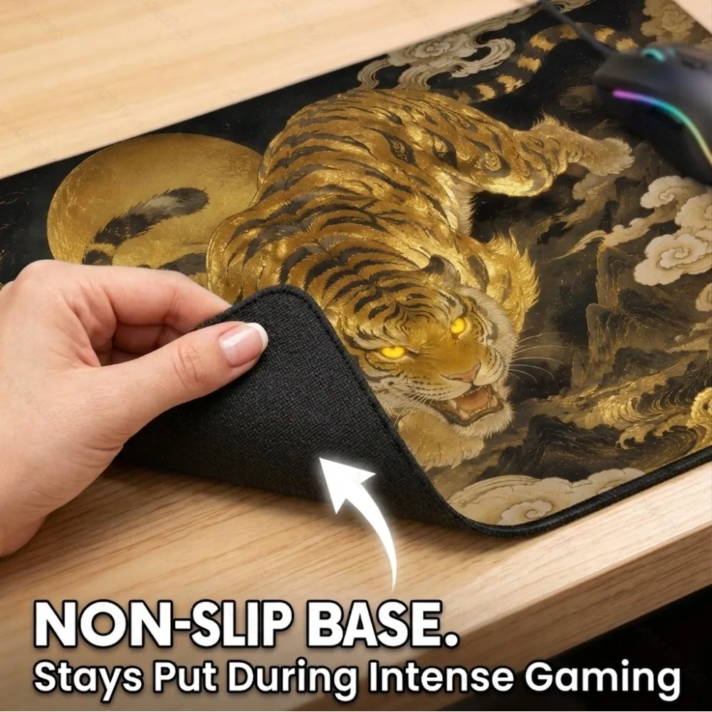 Golden Tiger - Japanese Oriental Art Style - Anti-slip rubber base - Suitable for gaming, office, home tabletop decoration