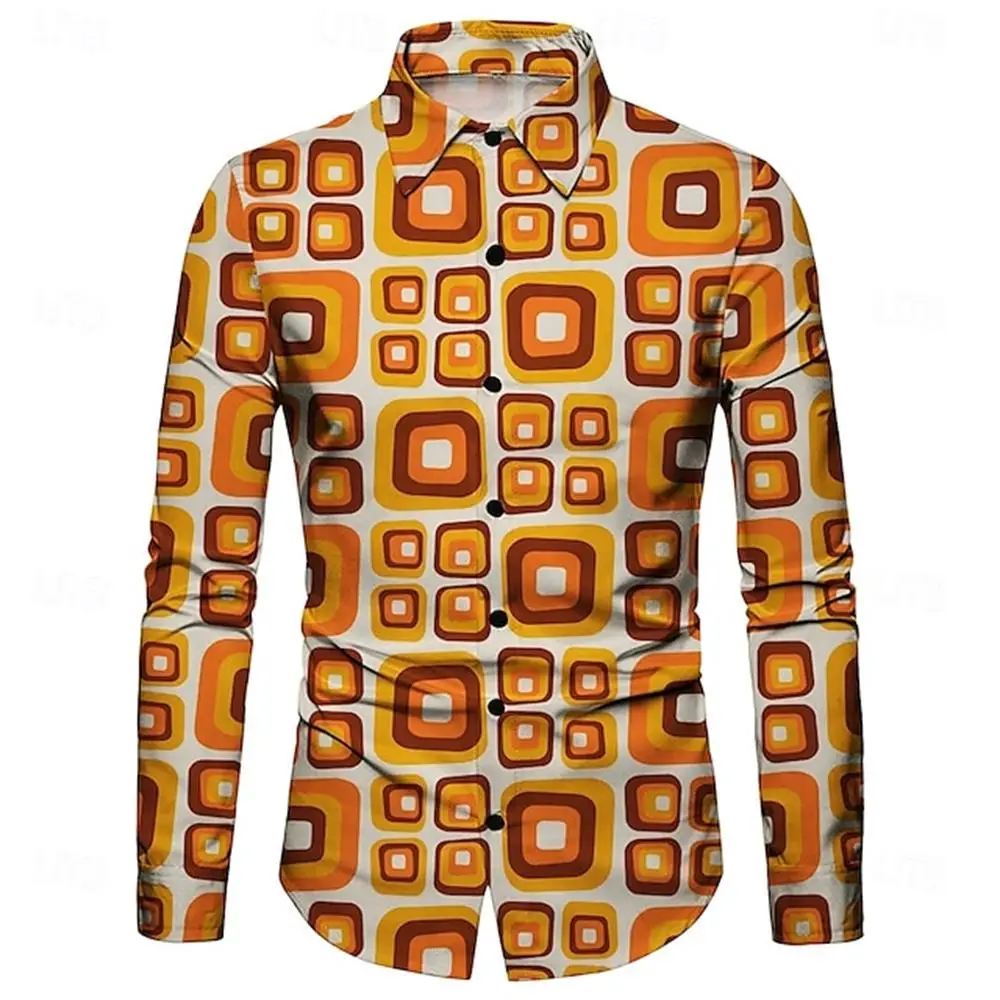 New men's long sleeved shirt, casual slim fit button down collar shirt, artistic geometric pattern shirt, men's fashionable top