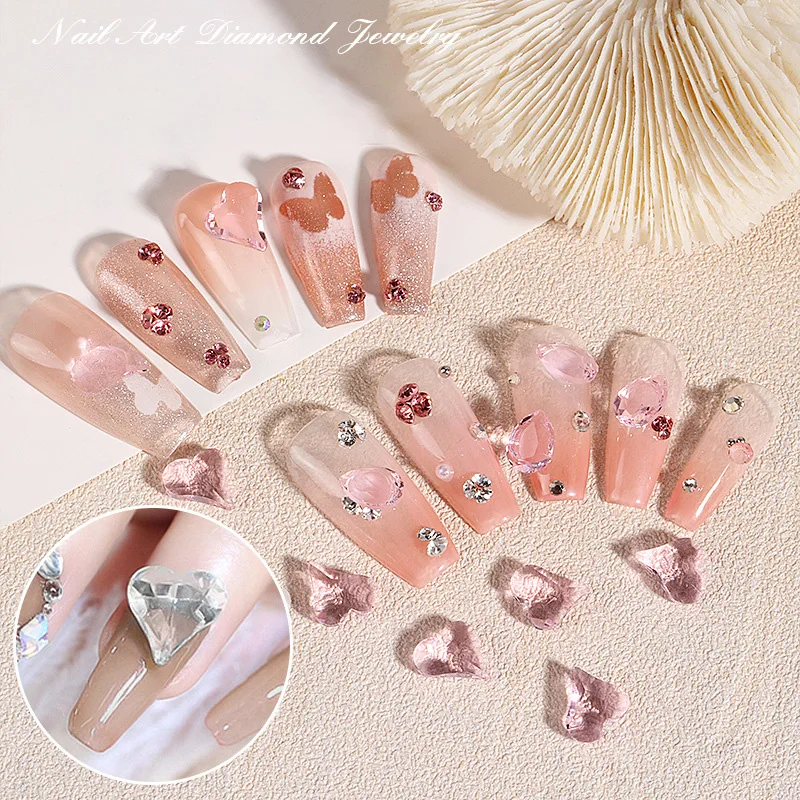 20Pcs Aurora Pink Crystal Nail Rhinestone Crooked Peach Heart,Cube Sugar,Water Drop Design Diamond Stones Clear Nail Decorations