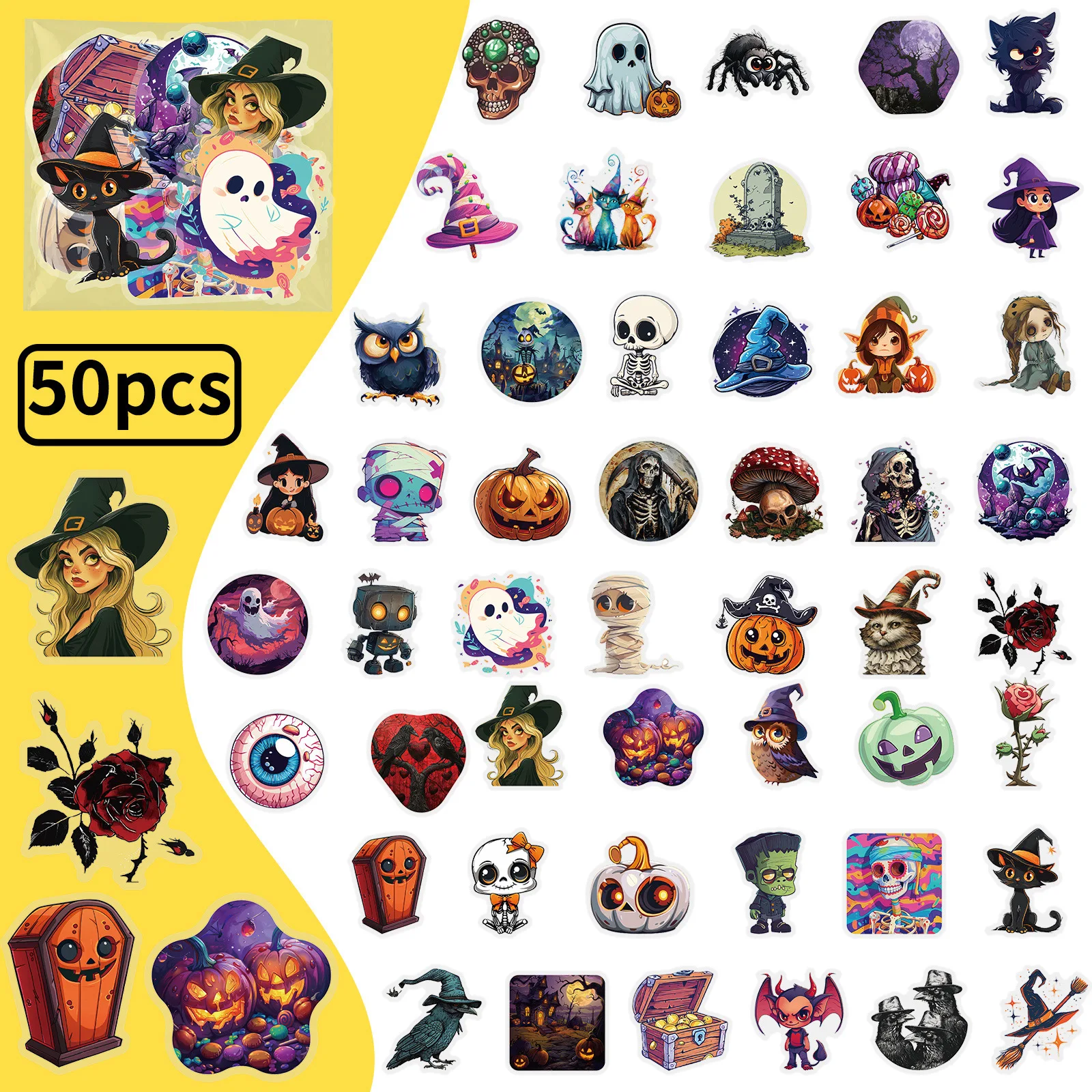 50PCS Halloween Ghost Black Cat Witch Waterproof Transparent Stickers Decoration Notebook Mobile Guitar Suitcase Graffiti Toys