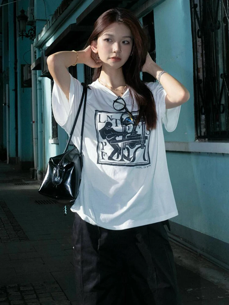 

Футболка оверсайз в американском стиле для женщин, летняя, с принтом, свободного кроя, стройнящая, для пар, плотная, в уличном стиле