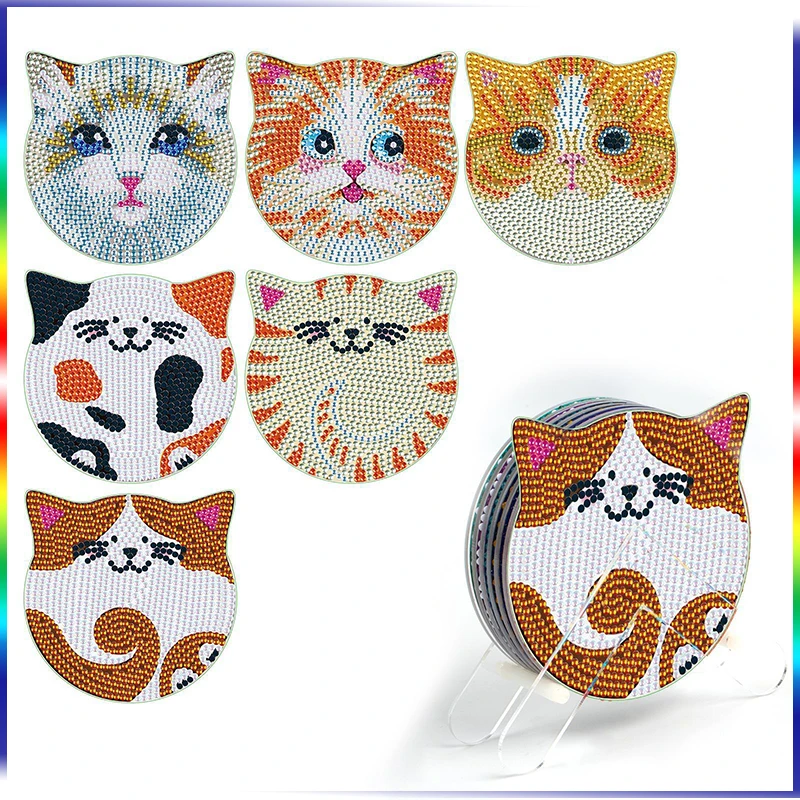 CHENISTORY 6pc/sets DIY Diamonds Painting Coaster Kits Cat Animal Non-Slip Rhinestone Mosaic Embroidery Diamond Art Craft Gift