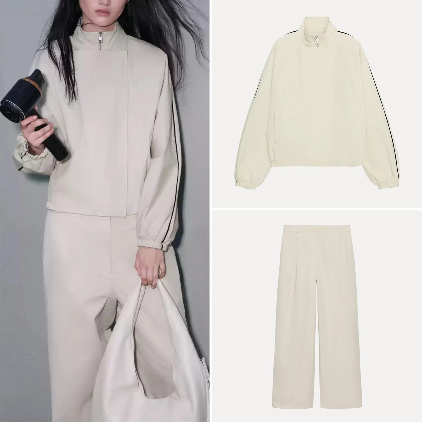 Women's Pilot Jacket Coat Straight Leg Pants Ironed Stripes Stand Collar Two-Piece Set Fashionable Autumn Outfit Zadata
