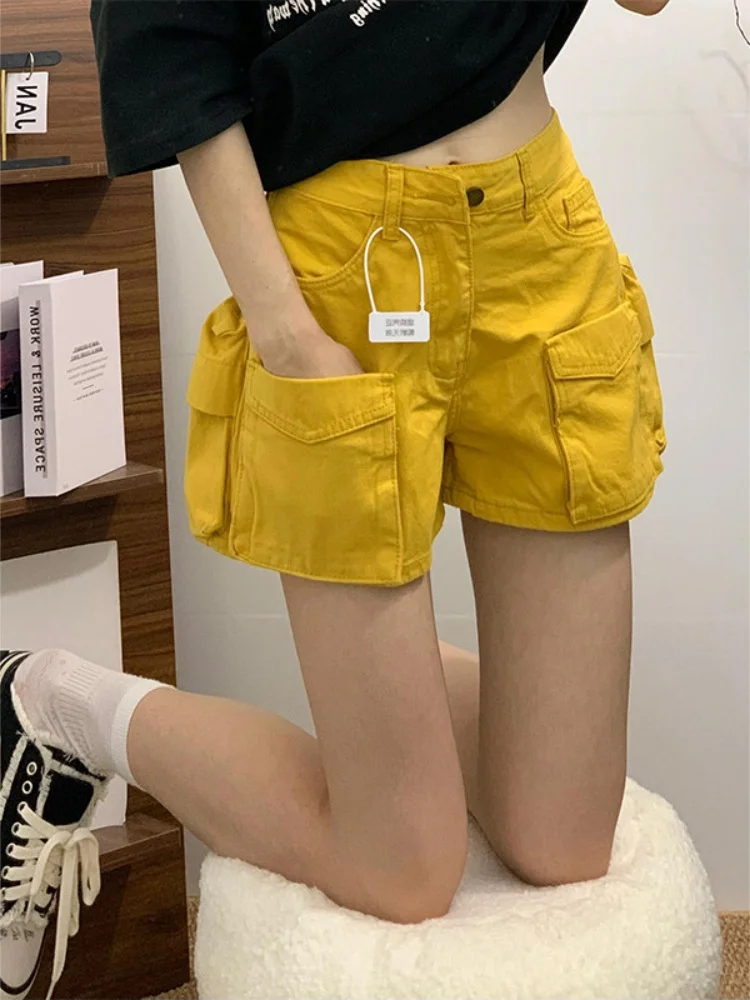 

American Style High Waist Yellow Denim Shorts Women's Summer Design Multi-Pocket Wide Leg Pants Wear-Resistant Cotton Jeans