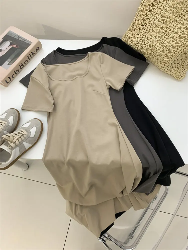 Robe longue française à col carré pour femmes, coupe cintrée, amincissante, en coton, jupe t-shirt à manches courtes, été