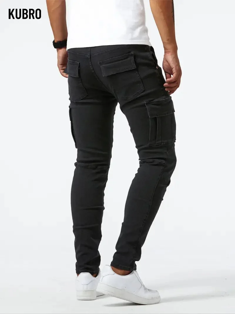 Street Elastic Jeans Men Denim Cargo Pants Wash Solid Color Multi Pockets Casual Mid Waist Trousers Slim Fit Daily Wear Joggers