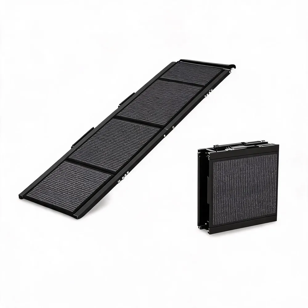 Heavy Duty Folding Dog Ramp for Car SUV & Truck – Non Slip Rug Surface Quadruple Fold Pet Stairs Adjustable Feet &